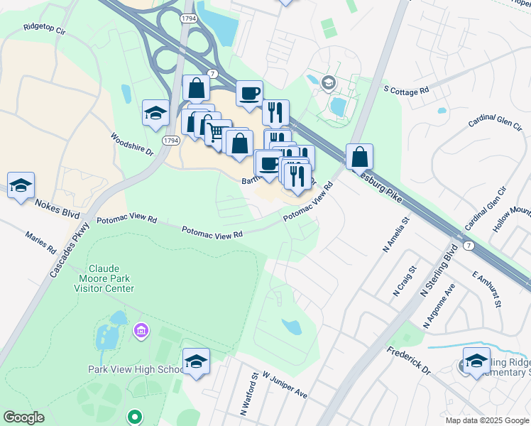 map of restaurants, bars, coffee shops, grocery stores, and more near 46344 Mount Kellogg Terrace in Sterling