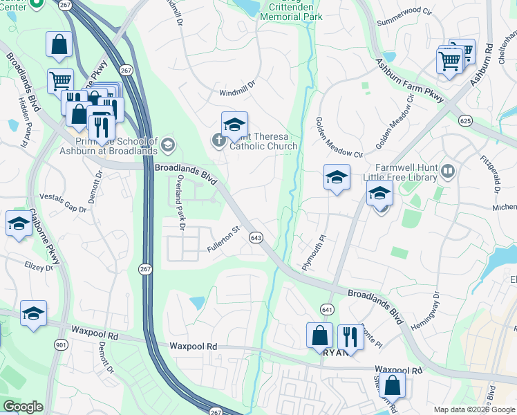 map of restaurants, bars, coffee shops, grocery stores, and more near 21455 Grey Slate Court in Ashburn
