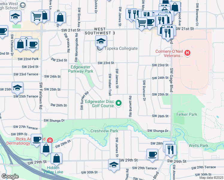 map of restaurants, bars, coffee shops, grocery stores, and more near 2441 Southwest James Street in Topeka