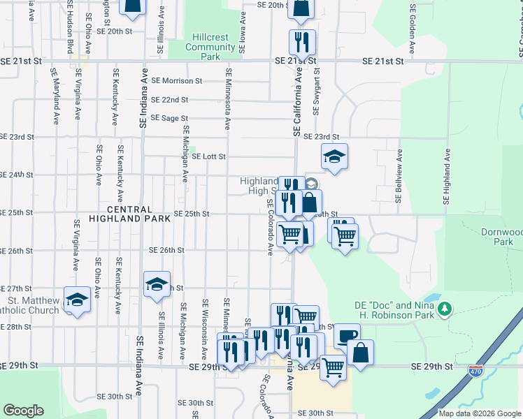 map of restaurants, bars, coffee shops, grocery stores, and more near 1812 Southeast 25th Street in Topeka