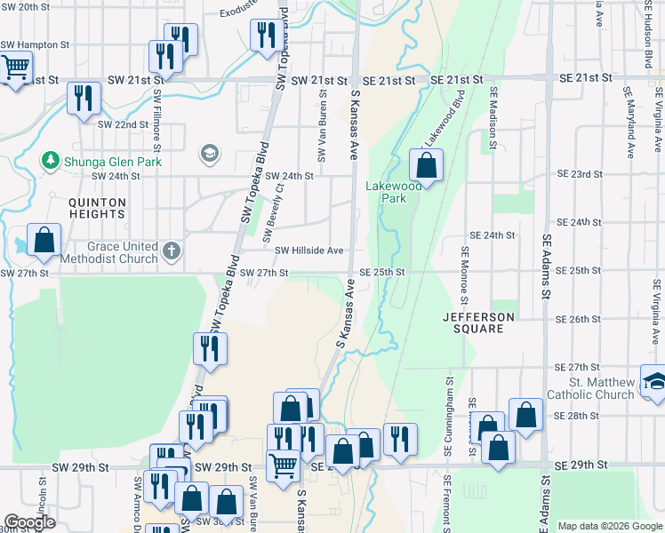 map of restaurants, bars, coffee shops, grocery stores, and more near 116 Southwest 27th Street in Topeka