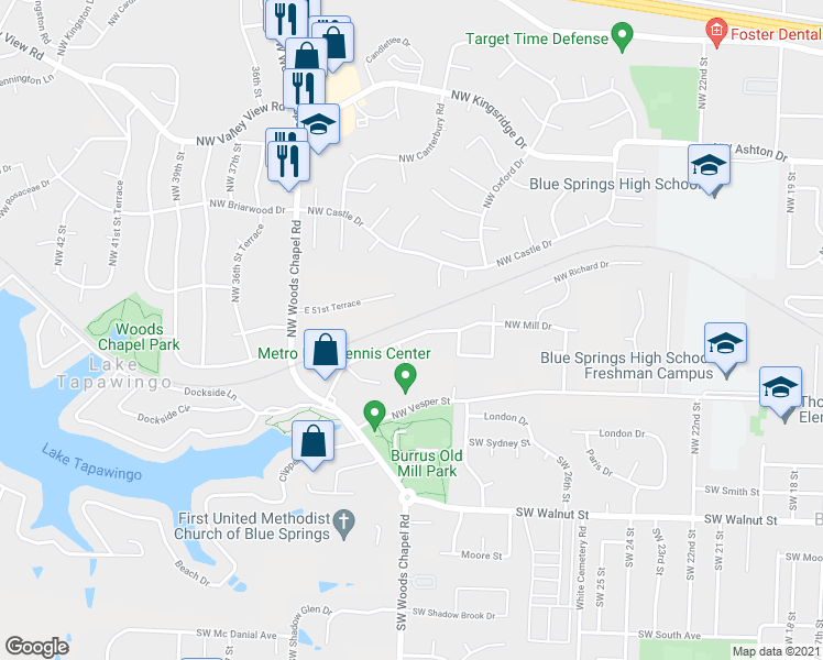 map of restaurants, bars, coffee shops, grocery stores, and more near 3177 Northwest Mill Drive in Blue Springs