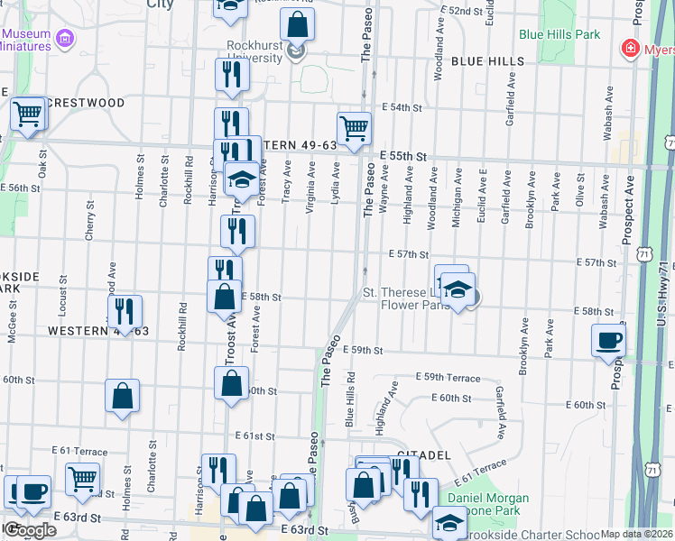 map of restaurants, bars, coffee shops, grocery stores, and more near 5725 Lydia Avenue in Kansas City