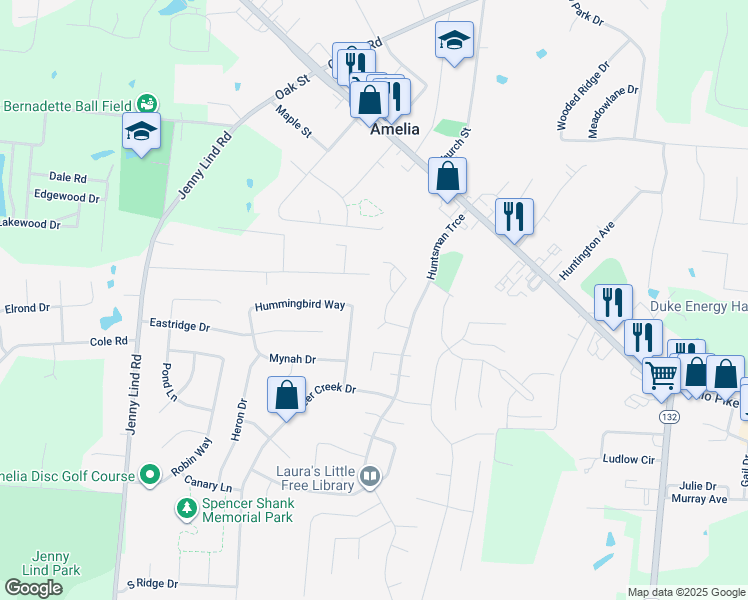 map of restaurants, bars, coffee shops, grocery stores, and more near 26 Hummingbird Way in Amelia