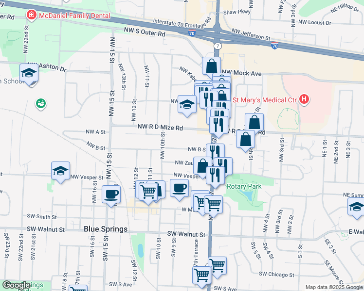 map of restaurants, bars, coffee shops, grocery stores, and more near 813 Northwest B Street in Blue Springs