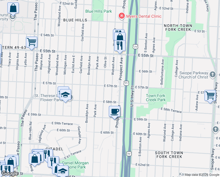 map of restaurants, bars, coffee shops, grocery stores, and more near 5712 Wabash Avenue in Kansas City