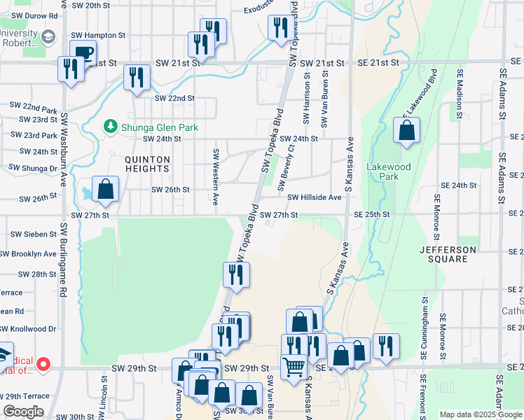 map of restaurants, bars, coffee shops, grocery stores, and more near 474-498 Southwest 27th Street in Topeka