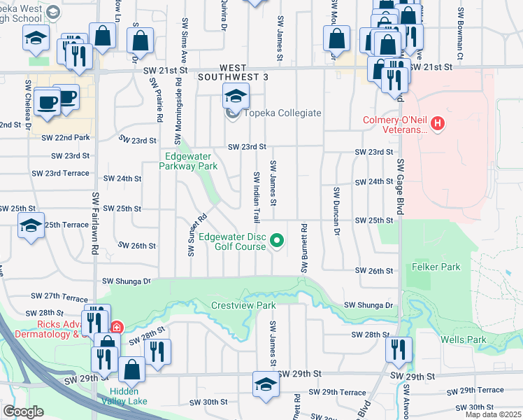 map of restaurants, bars, coffee shops, grocery stores, and more near 2441 Southwest James Street in Topeka