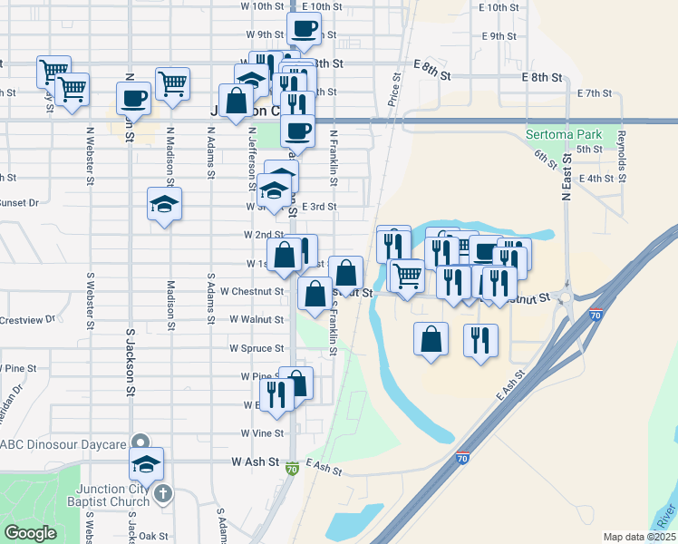 map of restaurants, bars, coffee shops, grocery stores, and more near 129 East 1st Street in Junction City