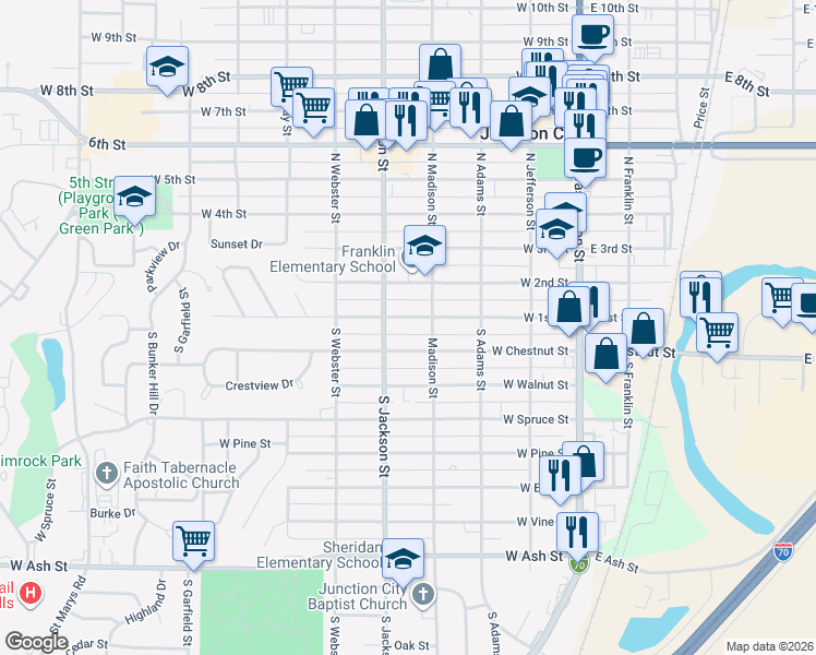map of restaurants, bars, coffee shops, grocery stores, and more near 417 West 1st Street in Junction City
