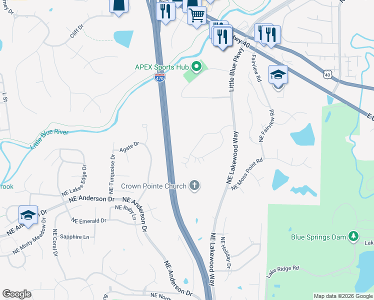 map of restaurants, bars, coffee shops, grocery stores, and more near 6014 Northeast Kensington Drive in Lee's Summit