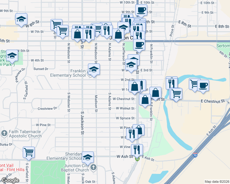 map of restaurants, bars, coffee shops, grocery stores, and more near 219 West 1st Street in Junction City