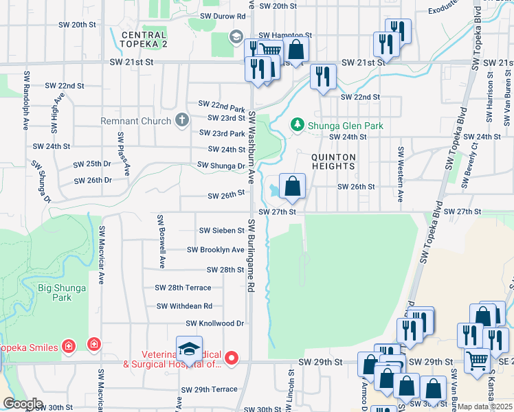 map of restaurants, bars, coffee shops, grocery stores, and more near 1414 Southwest 27th Street in Topeka