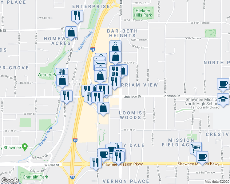 map of restaurants, bars, coffee shops, grocery stores, and more near 5880 Antioch Road in Mission