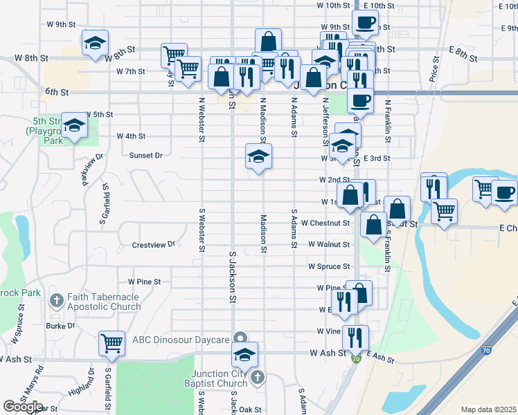 map of restaurants, bars, coffee shops, grocery stores, and more near 401 West 1st Street in Junction City