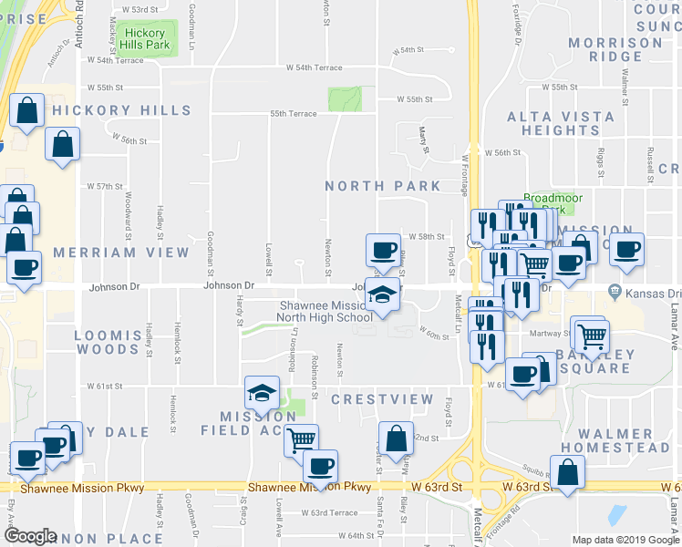 map of restaurants, bars, coffee shops, grocery stores, and more near 5833 Newton Street in Mission