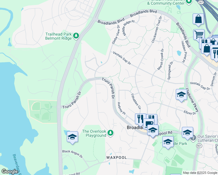 map of restaurants, bars, coffee shops, grocery stores, and more near 21438 Basil Court in Broadlands