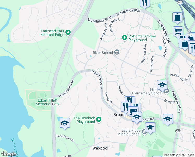 map of restaurants, bars, coffee shops, grocery stores, and more near 21438 Basil Court in Broadlands