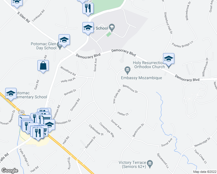 map of restaurants, bars, coffee shops, grocery stores, and more near 10120 Iron Gate Road in Rockville