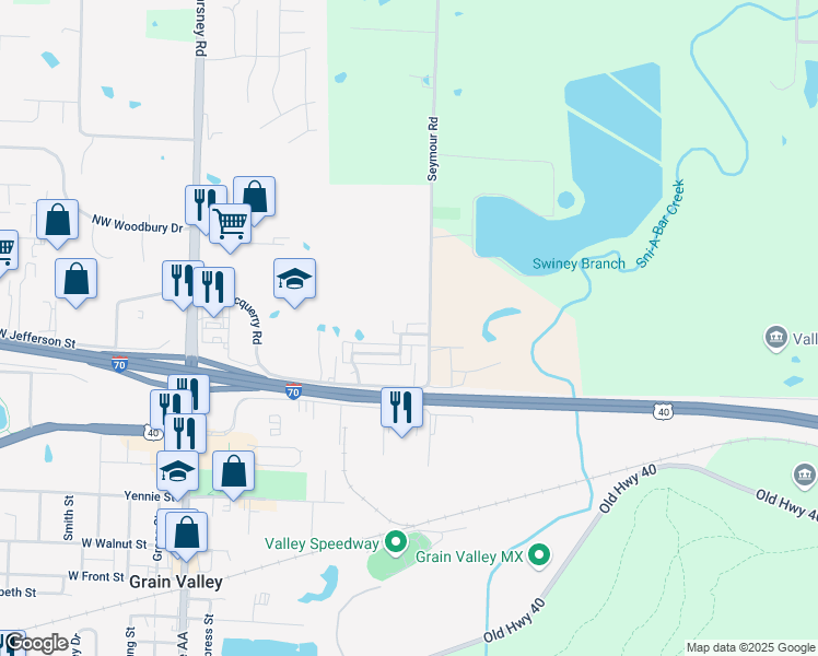 map of restaurants, bars, coffee shops, grocery stores, and more near 414 Northeast Wolf Creek Drive in Grain Valley