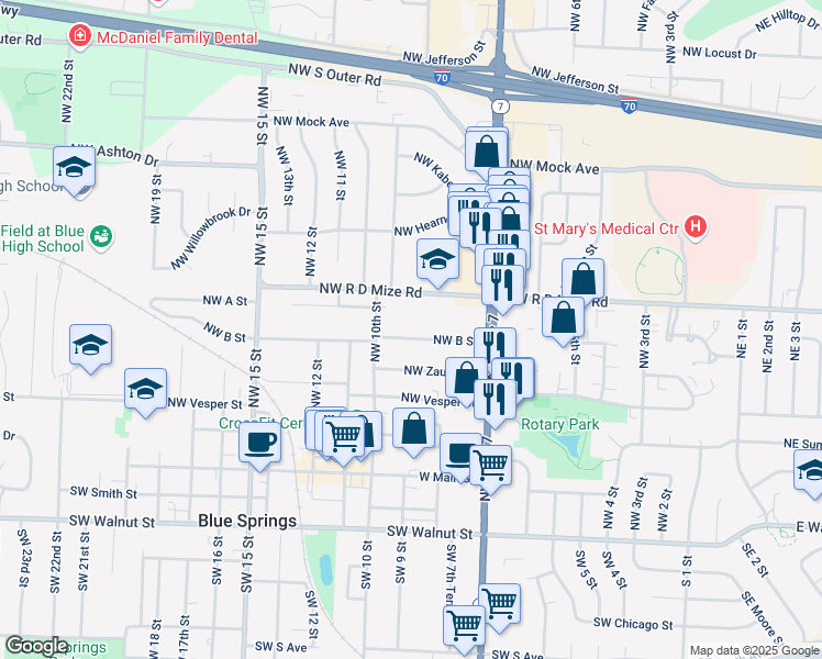 map of restaurants, bars, coffee shops, grocery stores, and more near 813 Northwest B Street in Blue Springs