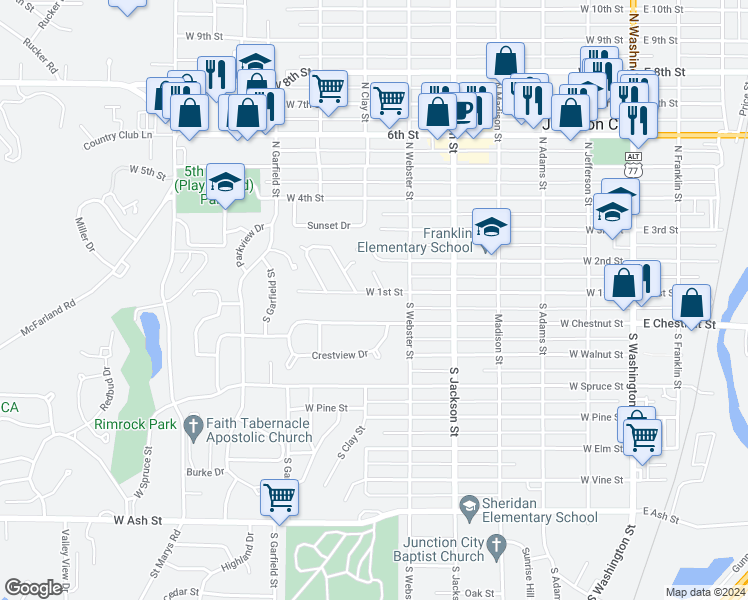 map of restaurants, bars, coffee shops, grocery stores, and more near 713 West 1st Street in Junction City