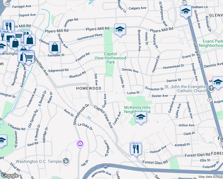 map of restaurants, bars, coffee shops, grocery stores, and more near 10202 Menlo Avenue in Silver Spring