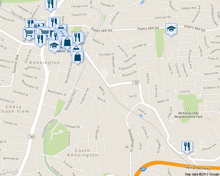 map of restaurants, bars, coffee shops, grocery stores, and more near 10240 Capitol View Avenue in Silver Spring