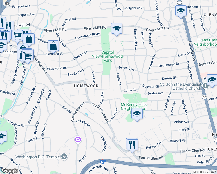map of restaurants, bars, coffee shops, grocery stores, and more near 10202 Menlo Avenue in Silver Spring