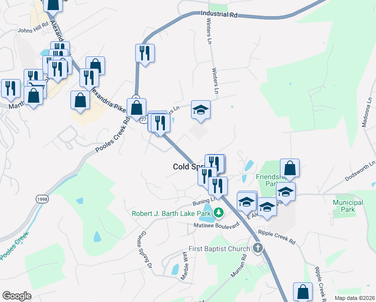 map of restaurants, bars, coffee shops, grocery stores, and more near 4022 Alexandria Pike in Cold Spring