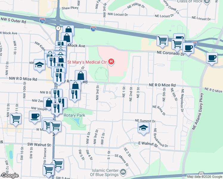 map of restaurants, bars, coffee shops, grocery stores, and more near 585 Northwest Valleybrook Road in Blue Springs