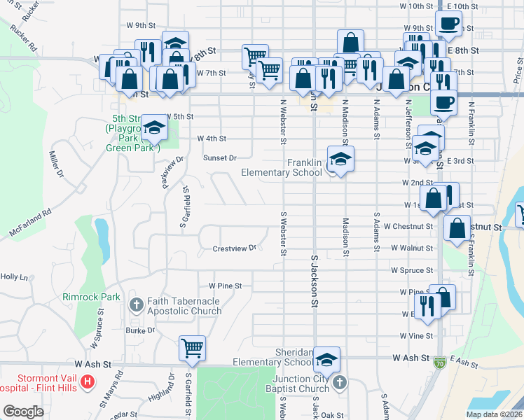 map of restaurants, bars, coffee shops, grocery stores, and more near 711 West 1st Street in Junction City