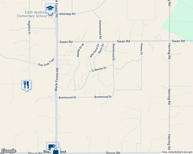 map of restaurants, bars, coffee shops, grocery stores, and more near 7145 Circle Drive in Colorado Springs