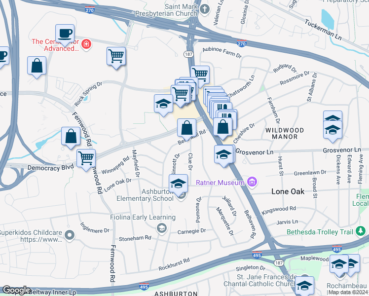 map of restaurants, bars, coffee shops, grocery stores, and more near 10032 Sinnott Drive in Bethesda