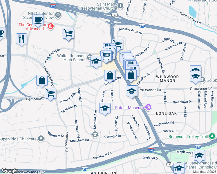 map of restaurants, bars, coffee shops, grocery stores, and more near 10032 Sinnott Drive in Bethesda