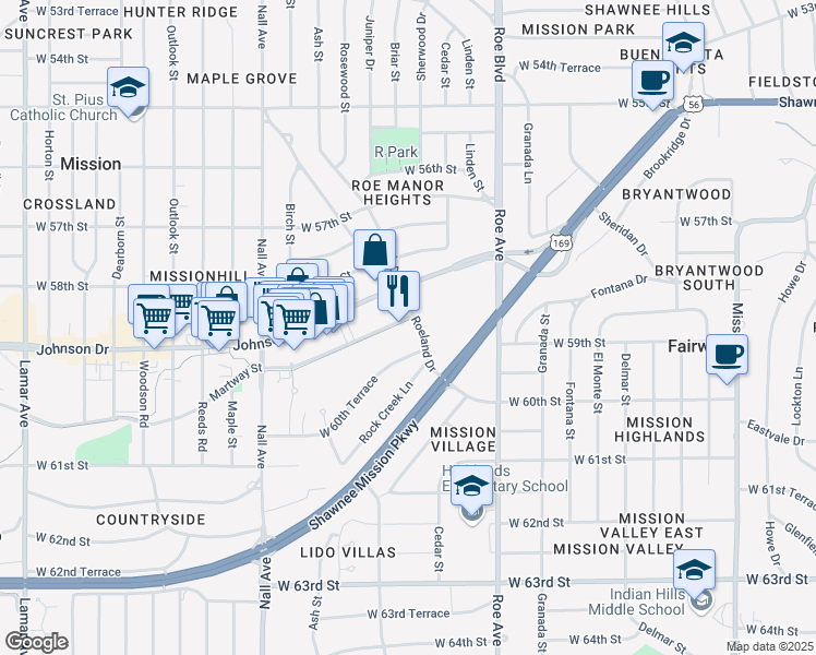 map of restaurants, bars, coffee shops, grocery stores, and more near 4976 West 60th Terrace in Mission