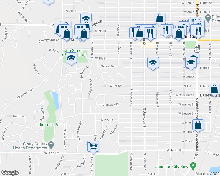 map of restaurants, bars, coffee shops, grocery stores, and more near 733 West 1st Street in Junction City