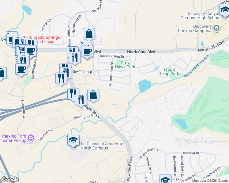 map of restaurants, bars, coffee shops, grocery stores, and more near 13136 Canyons Edge Drive in Colorado Springs