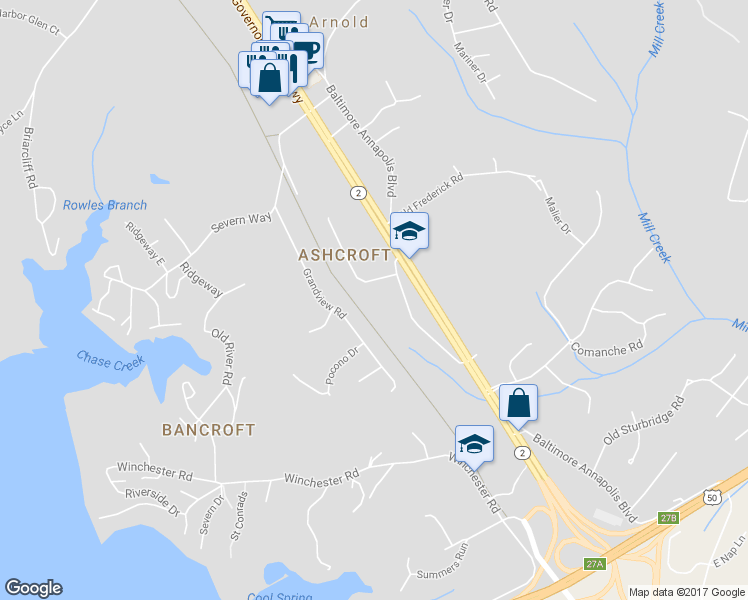 map of restaurants, bars, coffee shops, grocery stores, and more near 5 Ashcroft Court in Arnold