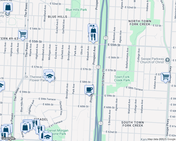 map of restaurants, bars, coffee shops, grocery stores, and more near 5712 Wabash Avenue in Kansas City