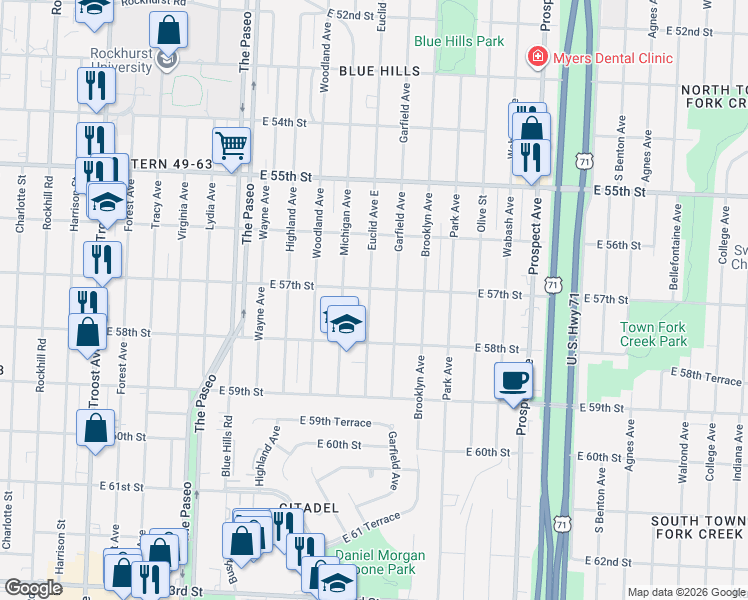 map of restaurants, bars, coffee shops, grocery stores, and more near 5716 Garfield Avenue in Kansas City