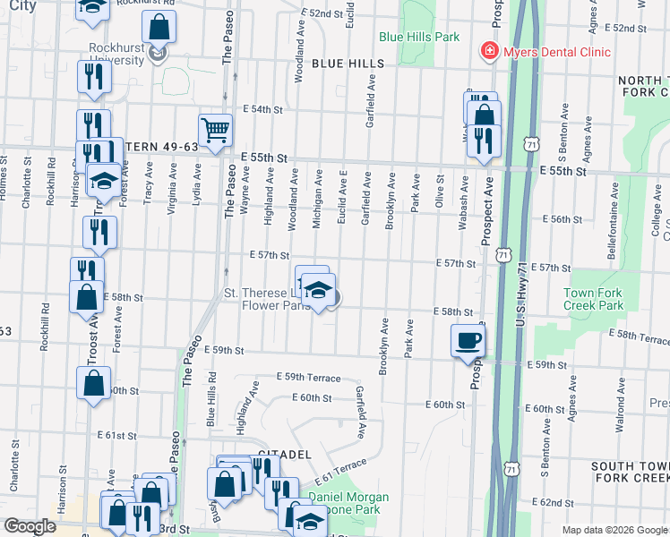 map of restaurants, bars, coffee shops, grocery stores, and more near 5717 Michigan Avenue in Kansas City