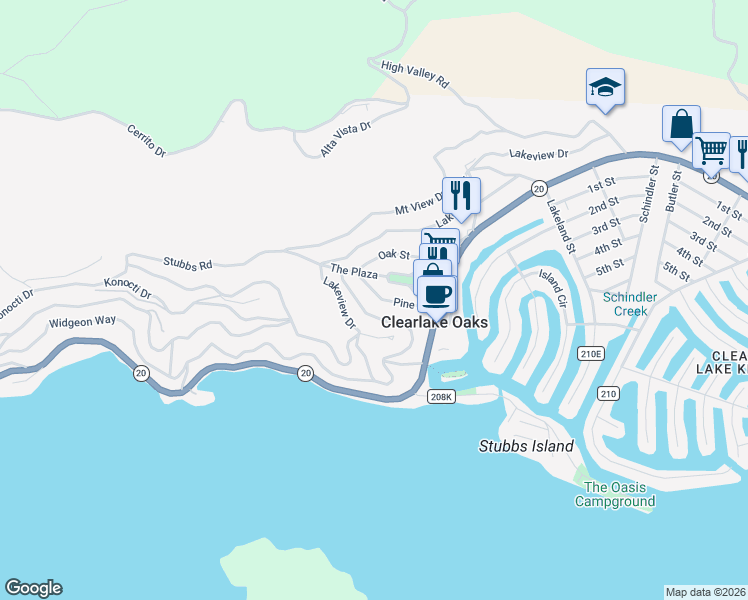 map of restaurants, bars, coffee shops, grocery stores, and more near 12441 Pine Street in Clearlake Oaks