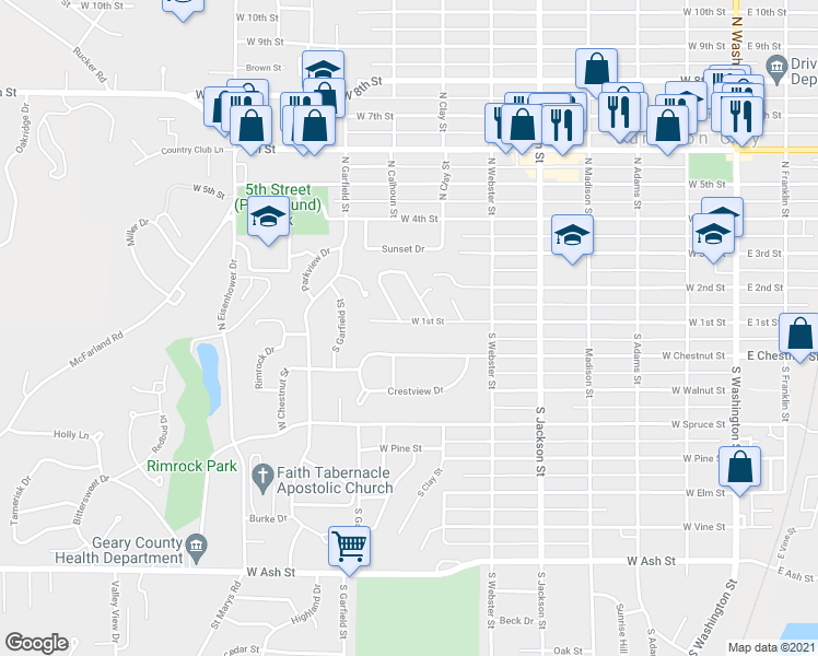 map of restaurants, bars, coffee shops, grocery stores, and more near 739 West 1st Street in Junction City