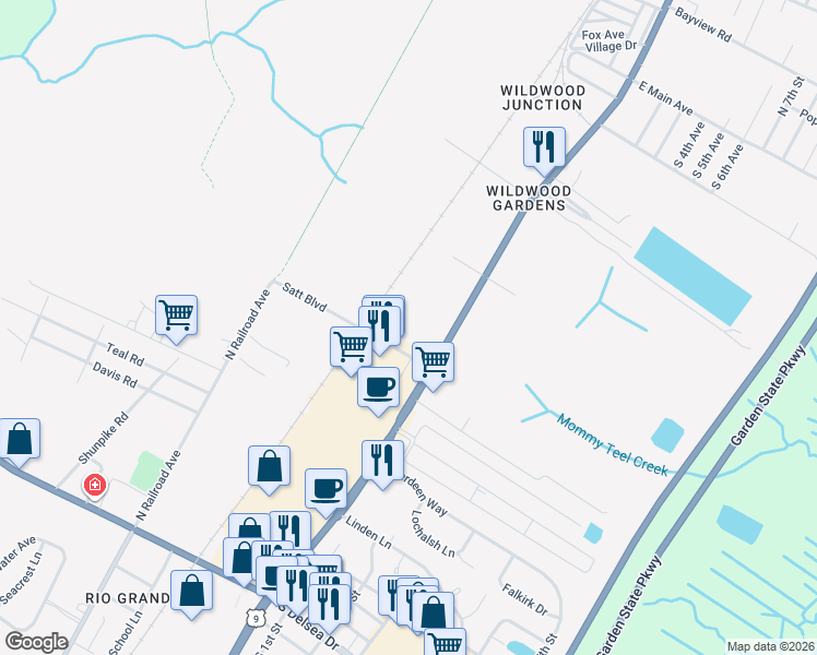 map of restaurants, bars, coffee shops, grocery stores, and more near 3141-3147 Route 9 South in Rio Grande