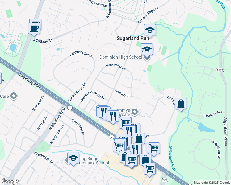 map of restaurants, bars, coffee shops, grocery stores, and more near 46867 Antioch Place in Sterling
