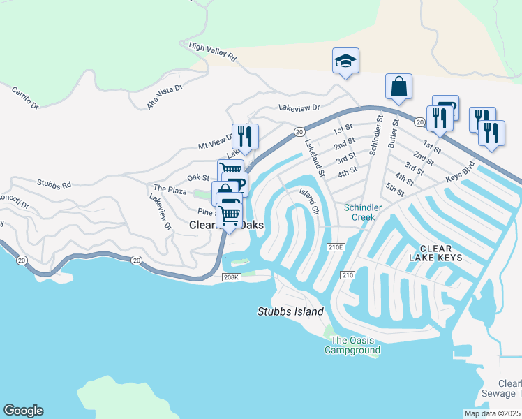 map of restaurants, bars, coffee shops, grocery stores, and more near 12631 Shoreview Drive in Clearlake Oaks
