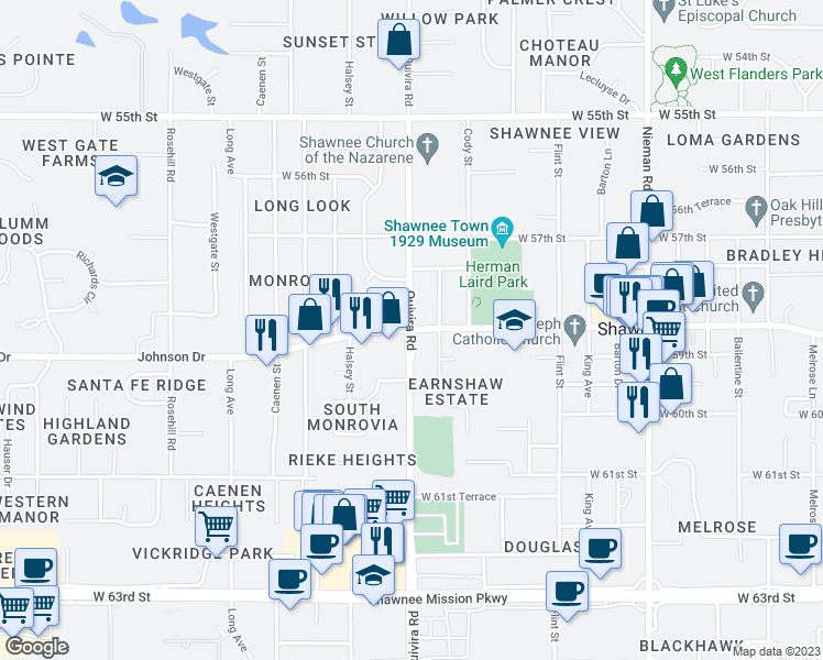 map of restaurants, bars, coffee shops, grocery stores, and more near Quivira Rd & Johnson Dr in Shawnee