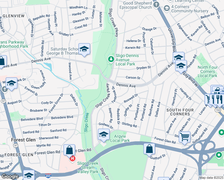 map of restaurants, bars, coffee shops, grocery stores, and more near 10120 Tenbrook Drive in Silver Spring