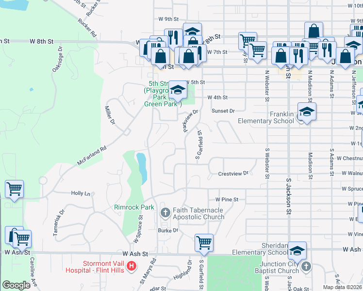 map of restaurants, bars, coffee shops, grocery stores, and more near 100 North Bunker Hill Drive in Junction City